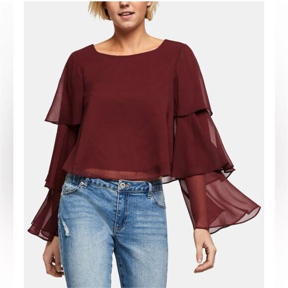 NWT BCBGeneration Tiered‎ Bell Long Sleeve Blouse Size XXS Purple Burgundy - Picture 1 of 13
